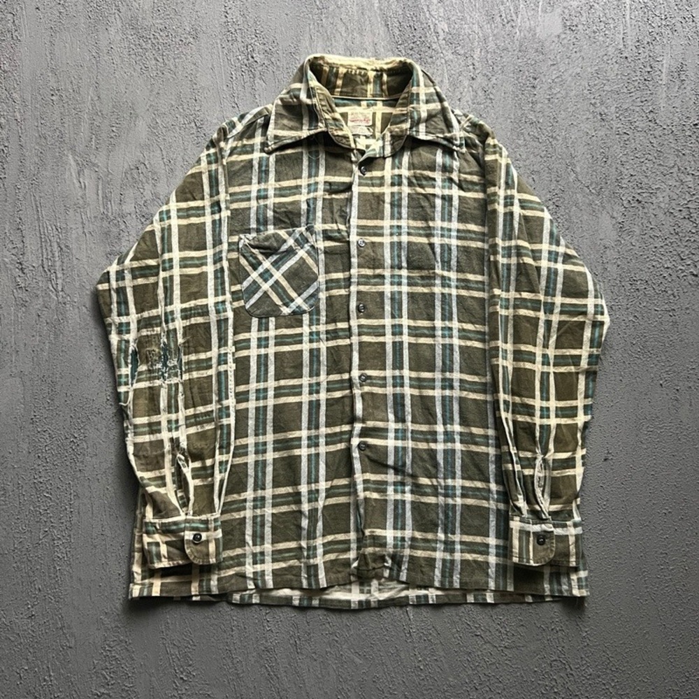 Vintage Richman Brothers Flannel Men Large Green 1960s Plaid Cotton Loop Collar